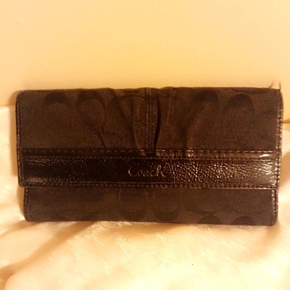 Coach black fabric leather trifold womens wallet clutch